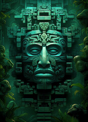 The Aztec statue. Stone block with some artifacts in the Jungle. Mexican traditions. Generative AI
