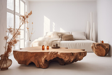Scandinavian-style bedroom with natural decor elements, and raw slab coffee table.  