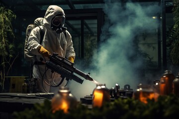 A pest control worker spraying pesticides to kills insects and mosquitos - obrazy, fototapety, plakaty