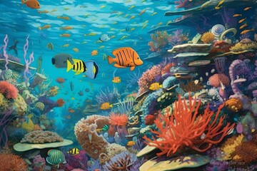 Fototapeta na wymiar Colorful underwater scenery with fish and coral reefs. Generative AI