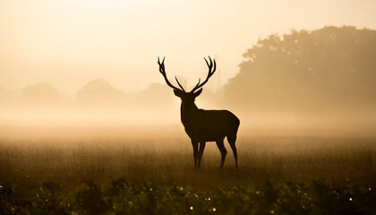 red deer stag silhouette in the mist - obrazy, fototapety, plakaty
