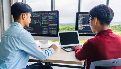 scene depicting a team of developers working on mobile app development coding for ios or android platforms