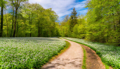 Fototapeta na wymiar spring forest scene with a winding path through fields of wild garlic allium ursinum lined with beeches and other deciduous trees saubrink oberberg nature reserve ith ith hils weg germany