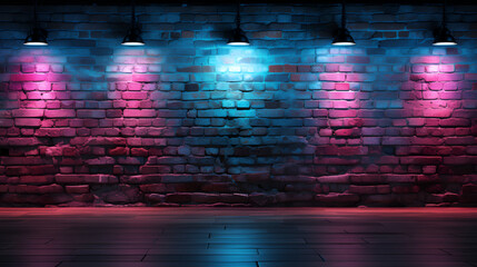 Brick wall with lamps on top blue pink light