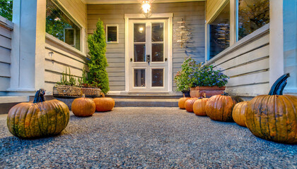 well lit back porch with pumpkins grouped together