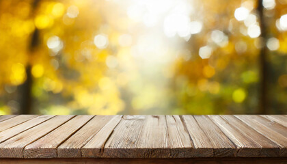wooden table and blurred bokeh autumn background
