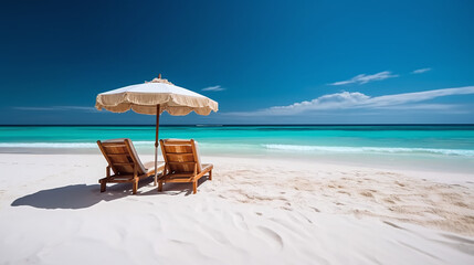lounge chairs and umbrella on the beach on a sunny day - obrazy, fototapety, plakaty