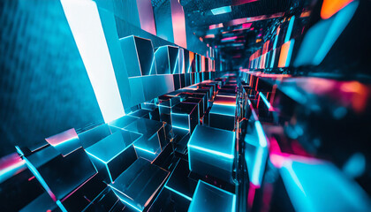 a close up image of abstract holographic cubes and geometric shapes floating in a digital void creating a surreal spatial experience
