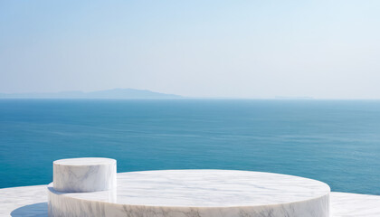 Fototapeta na wymiar White marble podium with sea view 