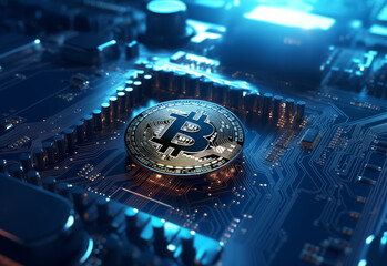 3D Bitcoin, background of an electronic circuit board, octane render