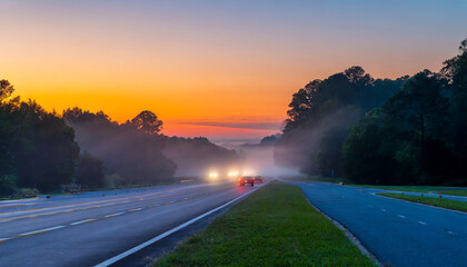 a foggy and colorful sunrise in charlotte north carolina during the morning rush hour traffic - obrazy, fototapety, plakaty