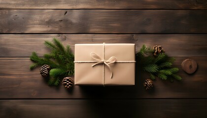 Caja de regalo envuelta en papel café con decoración navideña sobre madera