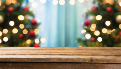 Fototapeta na wymiar empty wooden table with christmas theme in background