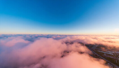 beautiful aerial view above pink clouds at sunset in barbie world 3d rendering illustration