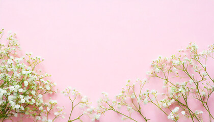 Obraz na płótnie Canvas beautiful flower background of pink gypsophila flowers flat lay top view floral pattern