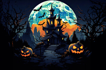 Fototapeta na wymiar A spooky Halloween background themed 404 Timeout Error webpage design, with vector graphics featuring a haunted house, bats, a full moon, Vector Art, Adobe Illustrator