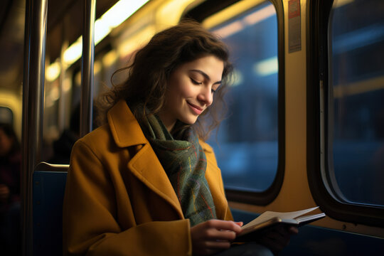 woman reading in train