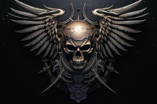 Unique emblem featuring a skull with wings, representing a special forces unit. Futuristic, fantasy, sci-fi military design. Generative AI