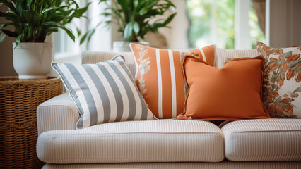 A sunny living room with a warm fabric sofa and a flower pot.