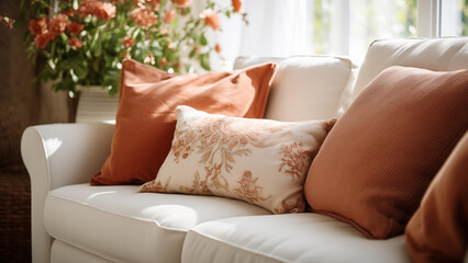 A sunny living room with a warm fabric sofa and a flower pot.