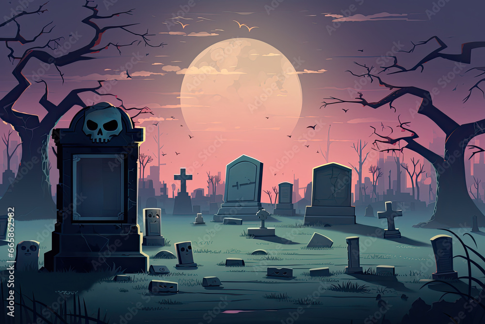 Poster halloween background design with 404 timeout error webpage with a graveyard backdrop, misty atmosphe