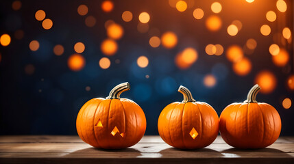 orange pumpkins on a wooden table on a bokeh glowing background