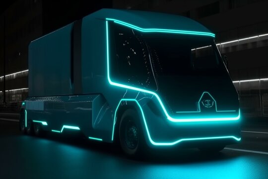 Modern truck becomes futuristic autonomous vehicle using technology and special effects. Generative AI