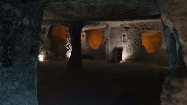 A view from inside the ancient multi-storey underground cave city of Kaymakli in Cappadocia.