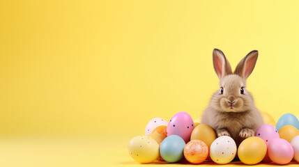 Fototapeta na wymiar Cute Easter bunny and Easter eggs on yellow background