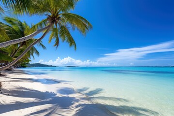 A peaceful beach with palm trees and clear blue waters evoking relaxation.