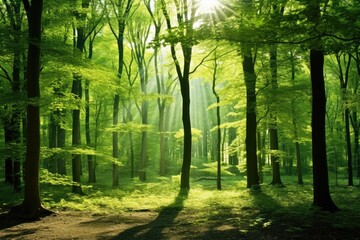 A serene forest scene with sunlight filtering through trees conveying tranquility.