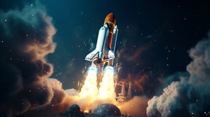 Space rocket launch, ship. Concept of business product on a market. Spaceship takes off in the...