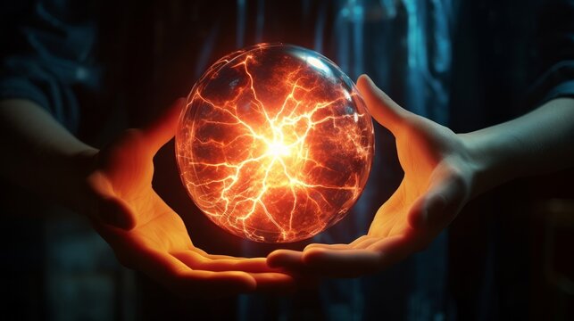 Man hand touching plasma ball with many energy rays inside in dark room of immersive museum or exhibition- close up view. Electricity, education, science, futuristic and physics concept