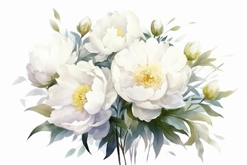 White peonies watercolor illustration with isolated flowers, transparent background. Graphic bouquet for cards. Generative AI - obrazy, fototapety, plakaty