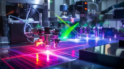 Laser beams in the laboratory of optical physics - obrazy, fototapety, plakaty