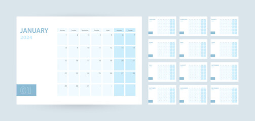 Monthly calendar template for the year 2024, the week starts on Monday. The calendar is in a blue color scheme.