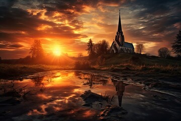 Sunset over the church spiritual inspiration