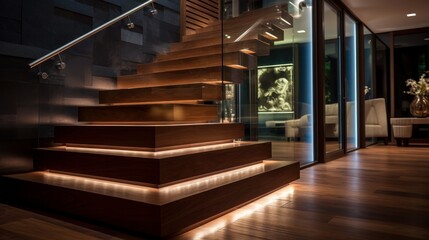 Illuminated staircase with wooden steps and illuminated at night in the interior of a large house