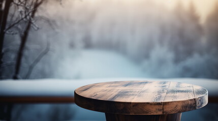 Wooden round table at balcony with beautiful winter forest background behind. Copy space