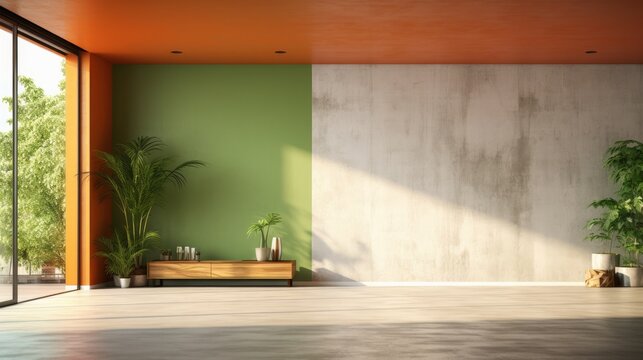 Modern contemporary loft empty room with open door to garden 3d render The Rooms have marble floors, green and orange walls, wooden plank ceiling