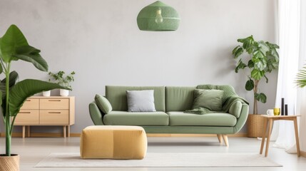 Stylish scandinavian interior of living room with design green velvet sofa, gold pouf, wooden furniture, cacti, carpet, cube, copy space and mock up poster frames. Template