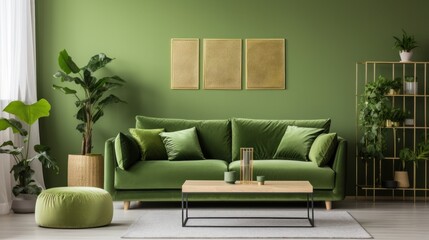 Stylish scandinavian interior of living room with design green velvet sofa, gold pouf, wooden furniture, cacti, carpet, cube, copy space and mock up poster frames. Template