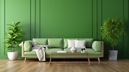 Fototapeta na wymiar Green sofa with table on green wall and wooden flooring.3d rendering