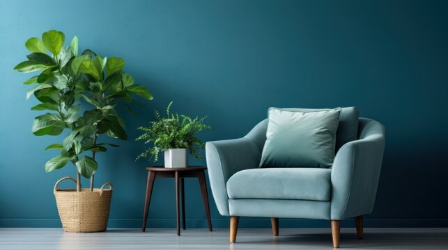 Green armchair against blue wall with silver painting in living room interior with plants