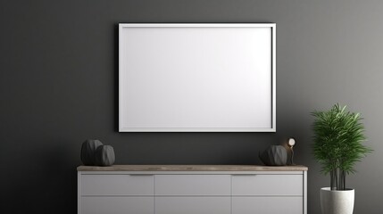 Mockup frame on cabinet in living room interior on empty dark wall background,3D rendering
