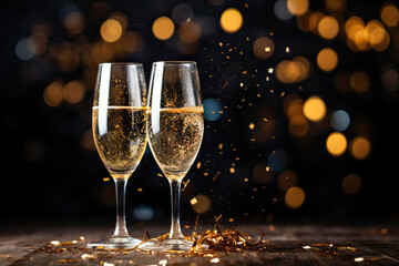 Two glasses with champagne on a wooden table, falling confetti, bokeh background. Celebration, new year's toast concept. Generative AI. - obrazy, fototapety, plakaty