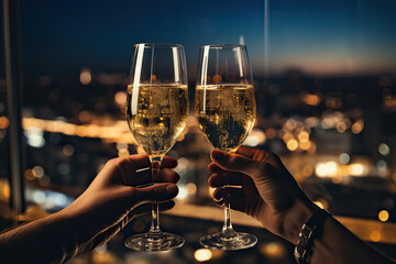 Close up of two hands raising glass of champagne indoors, city view background. New Year's Eve, celebration, toast concept. Generative AI. - Powered by Adobe