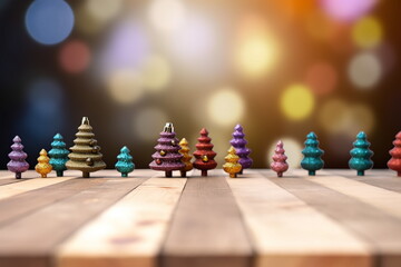Little toy christmas trees on wooden tabletop and bokeh lights behind. Copy space	 - obrazy, fototapety, plakaty