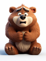A 3D Cartoon Bear Sad and Surprised on a Solid Background