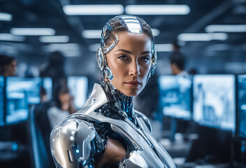 サイボーグ女性ロボットと人間が共存するオフスワーク - obrazy, fototapety, plakaty